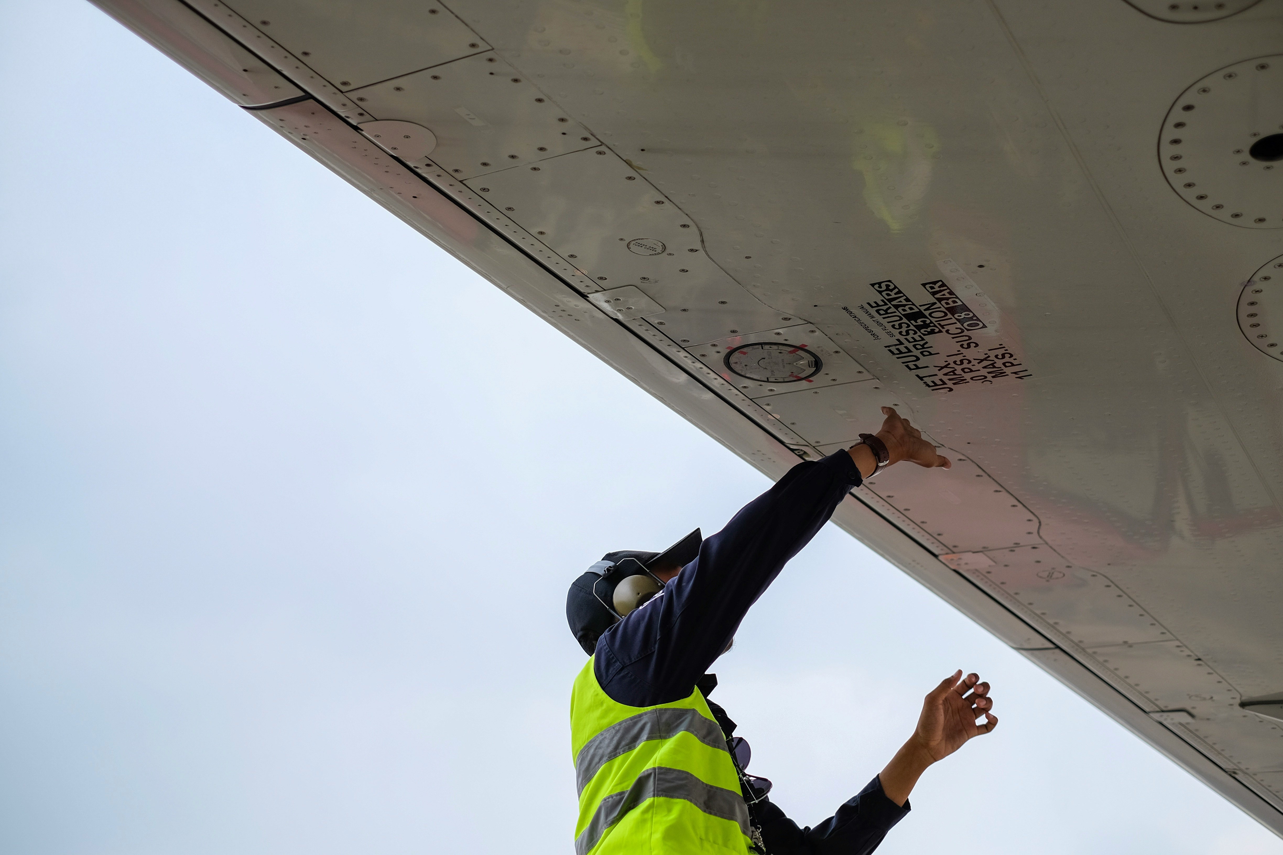 Aircraft exterior being inspected during a pre-buy review