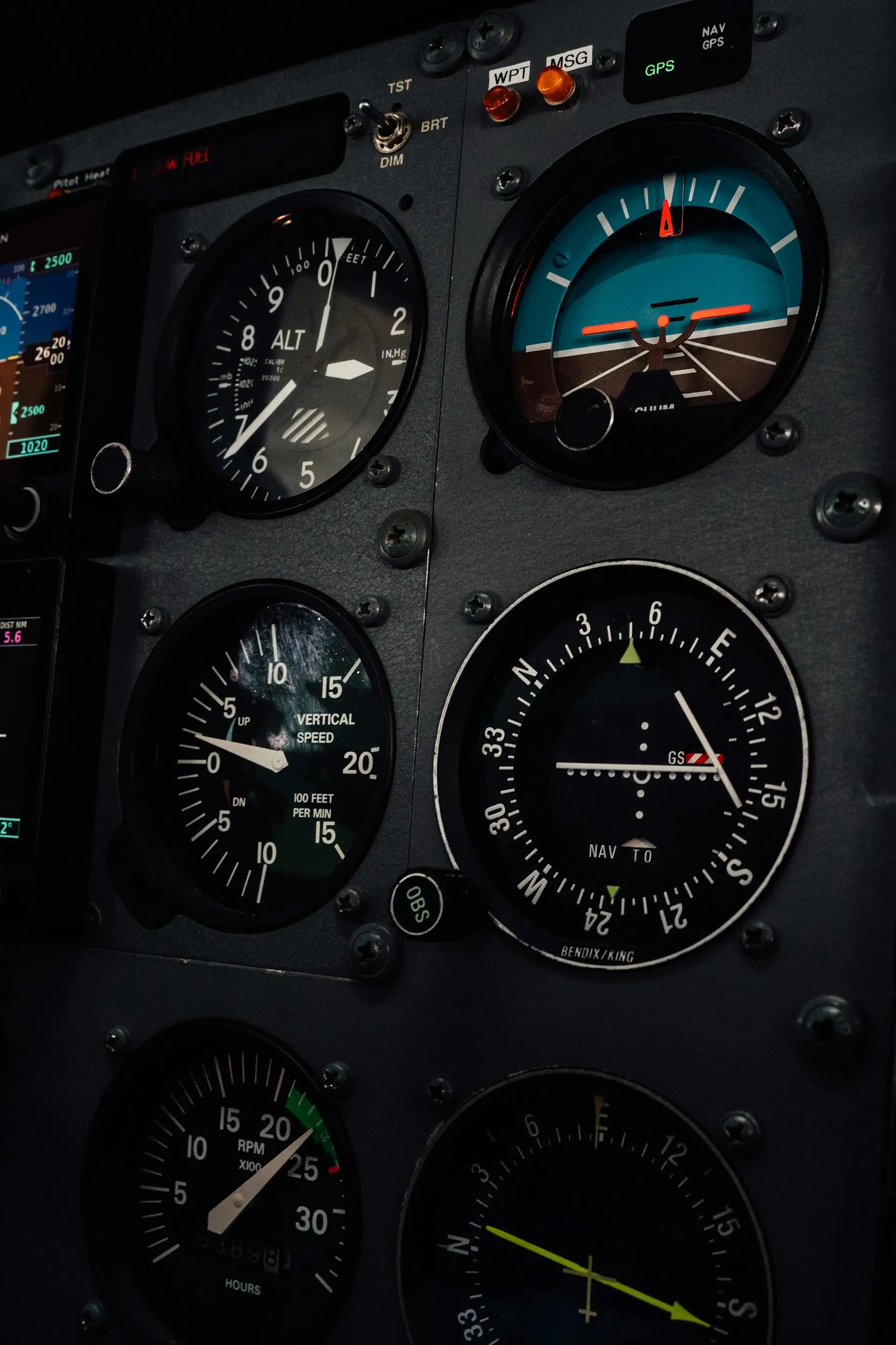 Close-up of aircraft instrument panel gauges